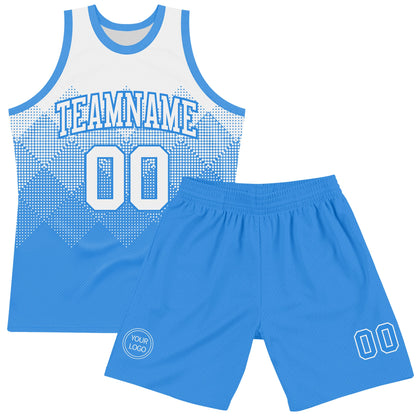 Custom White Powder Blue Gradient Square Shapes Round Neck Sublimation Basketball Set Jersey