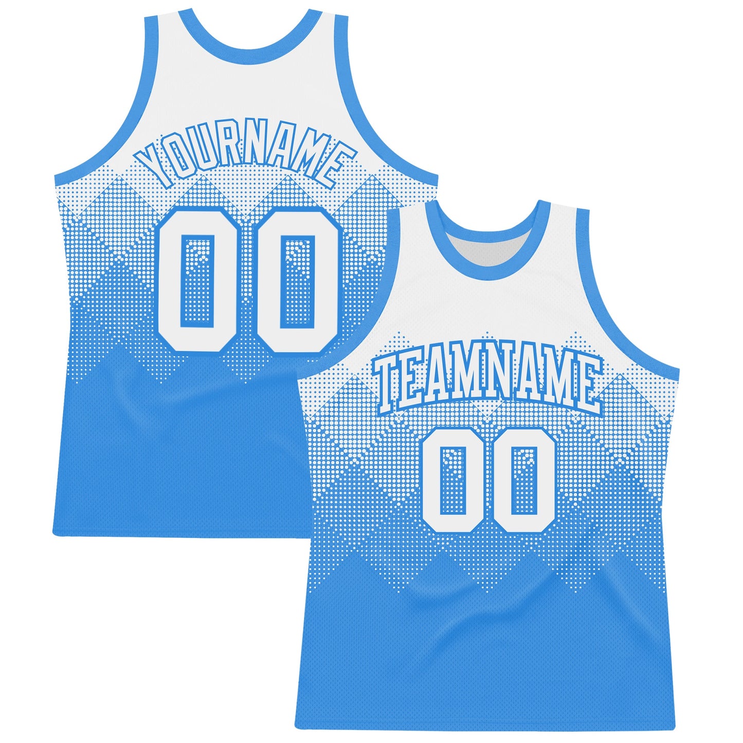 Custom White Powder Blue Gradient Square Shapes Round Neck Sublimation Basketball Set Jersey