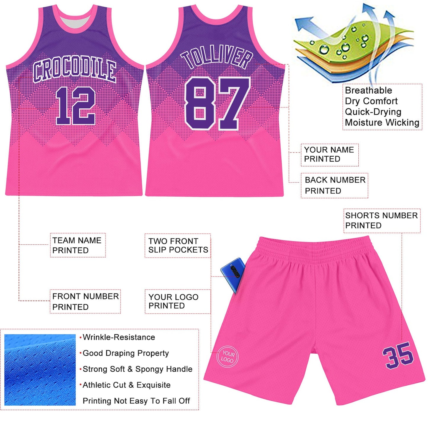 Custom Purple Pink-White Gradient Square Shapes Round Neck Sublimation Basketball Set Jersey