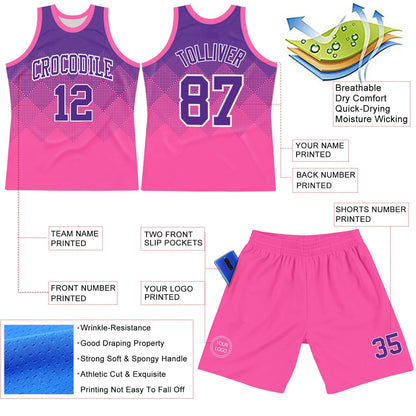 Custom Purple Pink-White Gradient Square Shapes Round Neck Sublimation Basketball Set Jersey