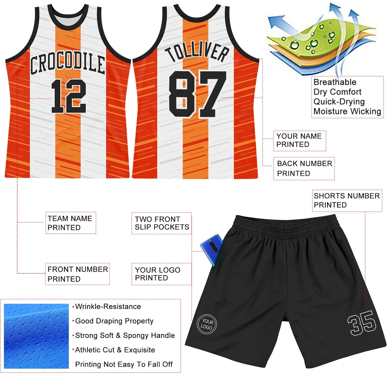 Custom White Black-Orange Line Round Neck Sublimation Basketball Set Jersey