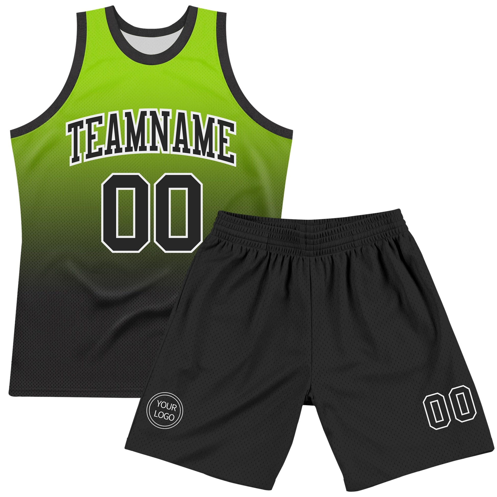 Custom Neon Green Black-White Fade Fashion Round Neck Sublimation Basketball Set Jersey