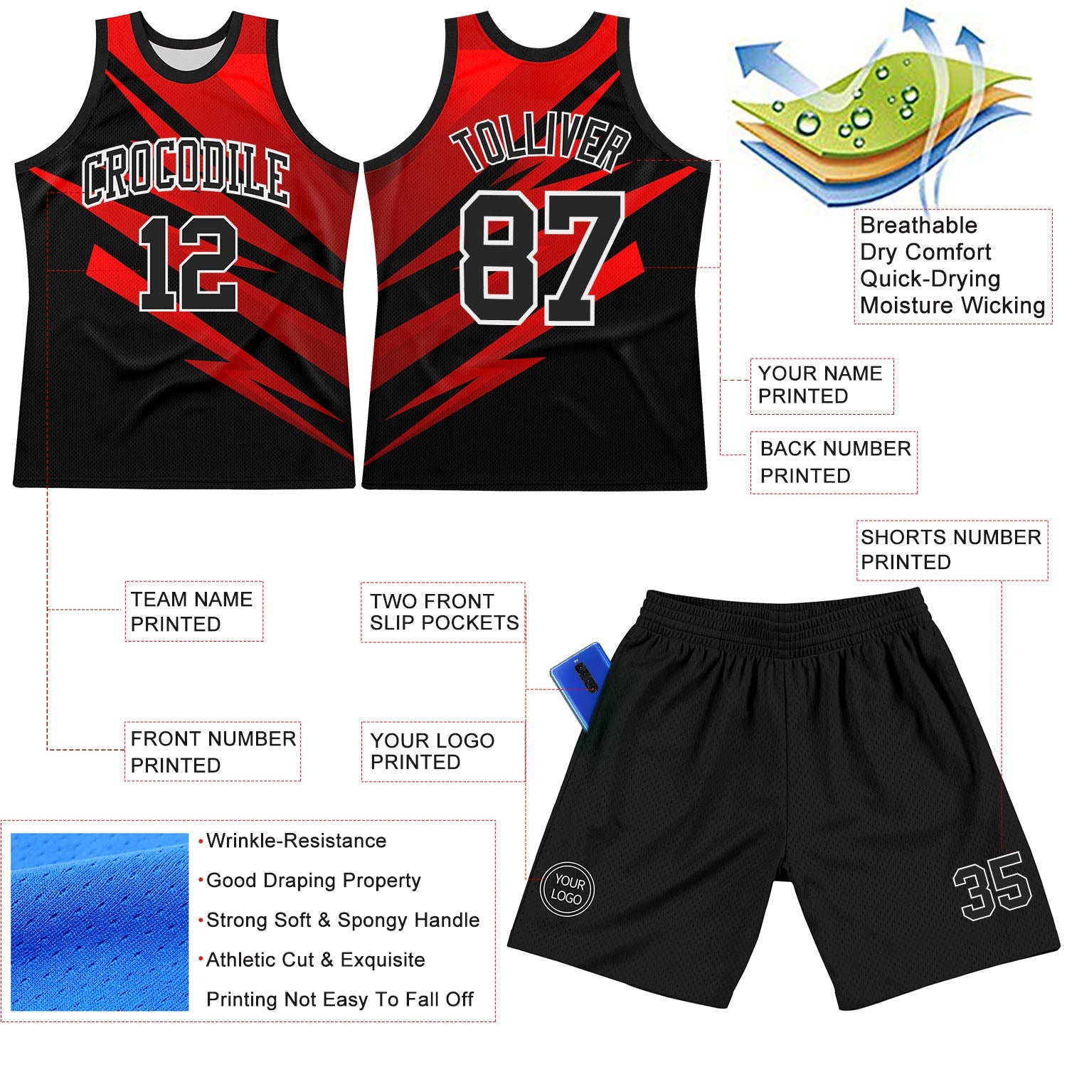 Custom Black Red-White Line Round Neck Sublimation Basketball Set Jersey