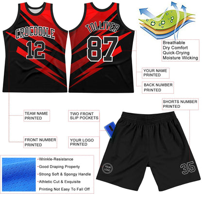 Custom Black Red-White Line Round Neck Sublimation Basketball Set Jersey