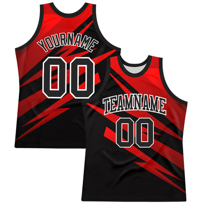 Custom Black Red-White Line Round Neck Sublimation Basketball Set Jersey