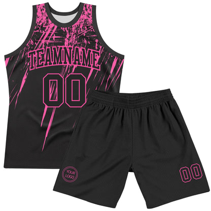 Custom Black Pink Splash Round Neck Sublimation Basketball Set Jersey