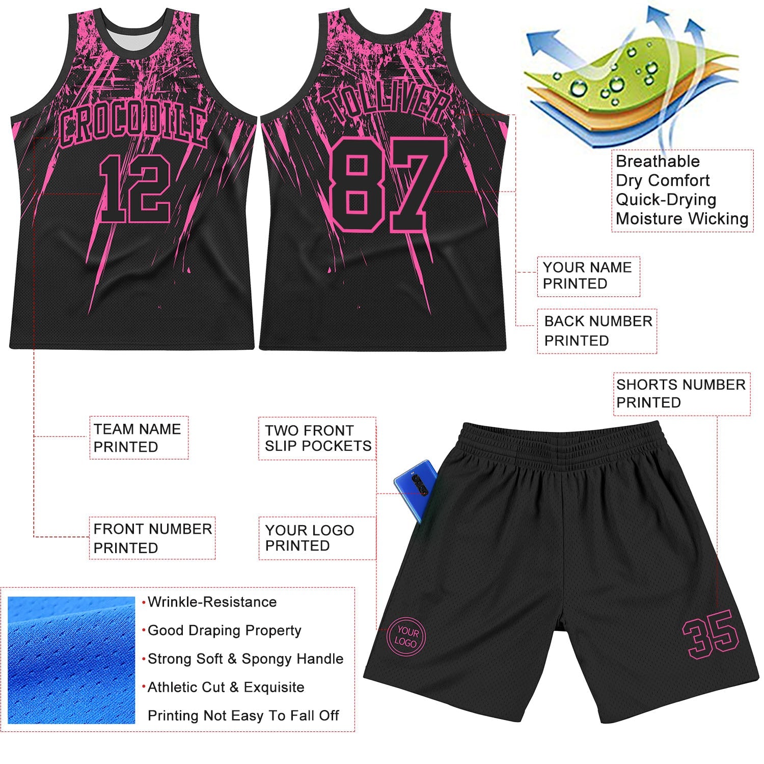 Custom Black Pink Splash Round Neck Sublimation Basketball Set Jersey
