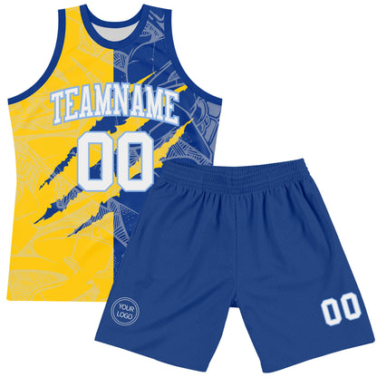 Custom Graffiti Pattern White Royal Yellow-Light Blue Scratch Round Neck Sublimation Basketball Set Jersey