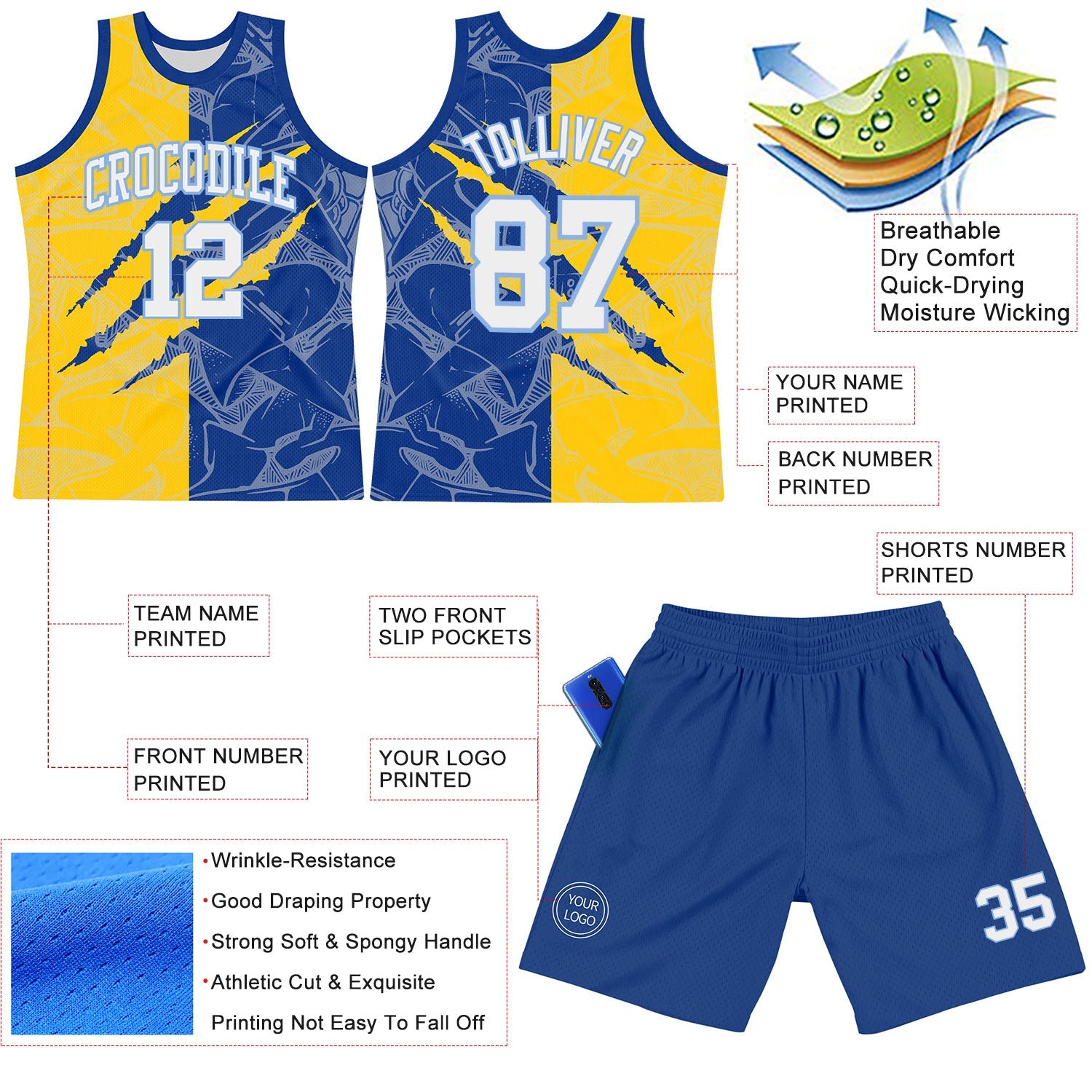 Custom Graffiti Pattern White Royal Yellow-Light Blue Scratch Round Neck Sublimation Basketball Set Jersey