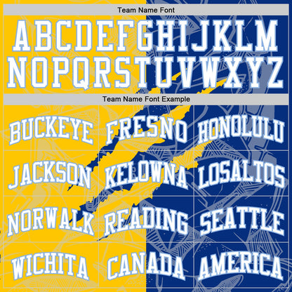 Custom Graffiti Pattern White Royal Yellow-Light Blue Scratch Round Neck Sublimation Basketball Set Jersey