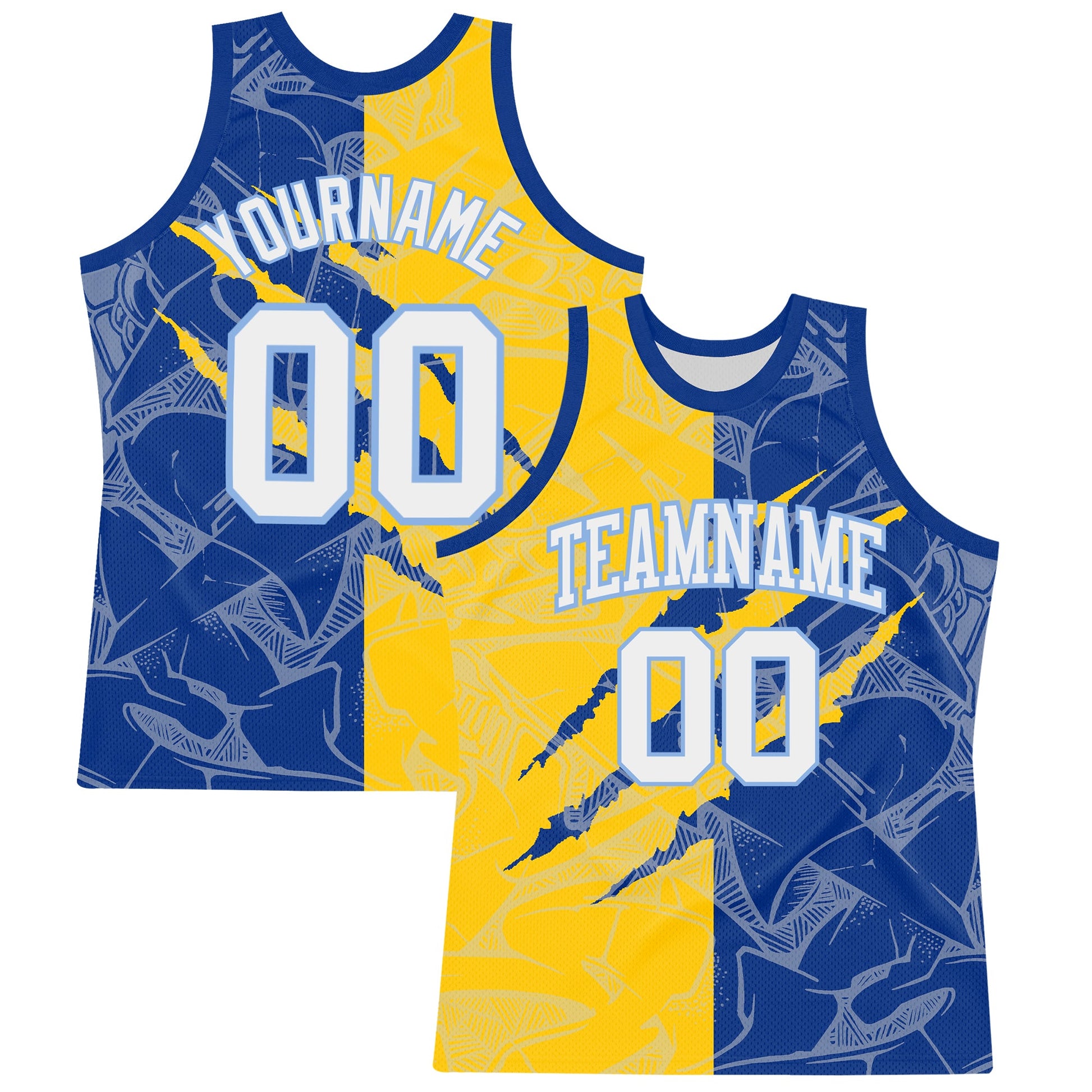 Custom Graffiti Pattern White Royal Yellow-Light Blue Scratch Round Neck Sublimation Basketball Set Jersey