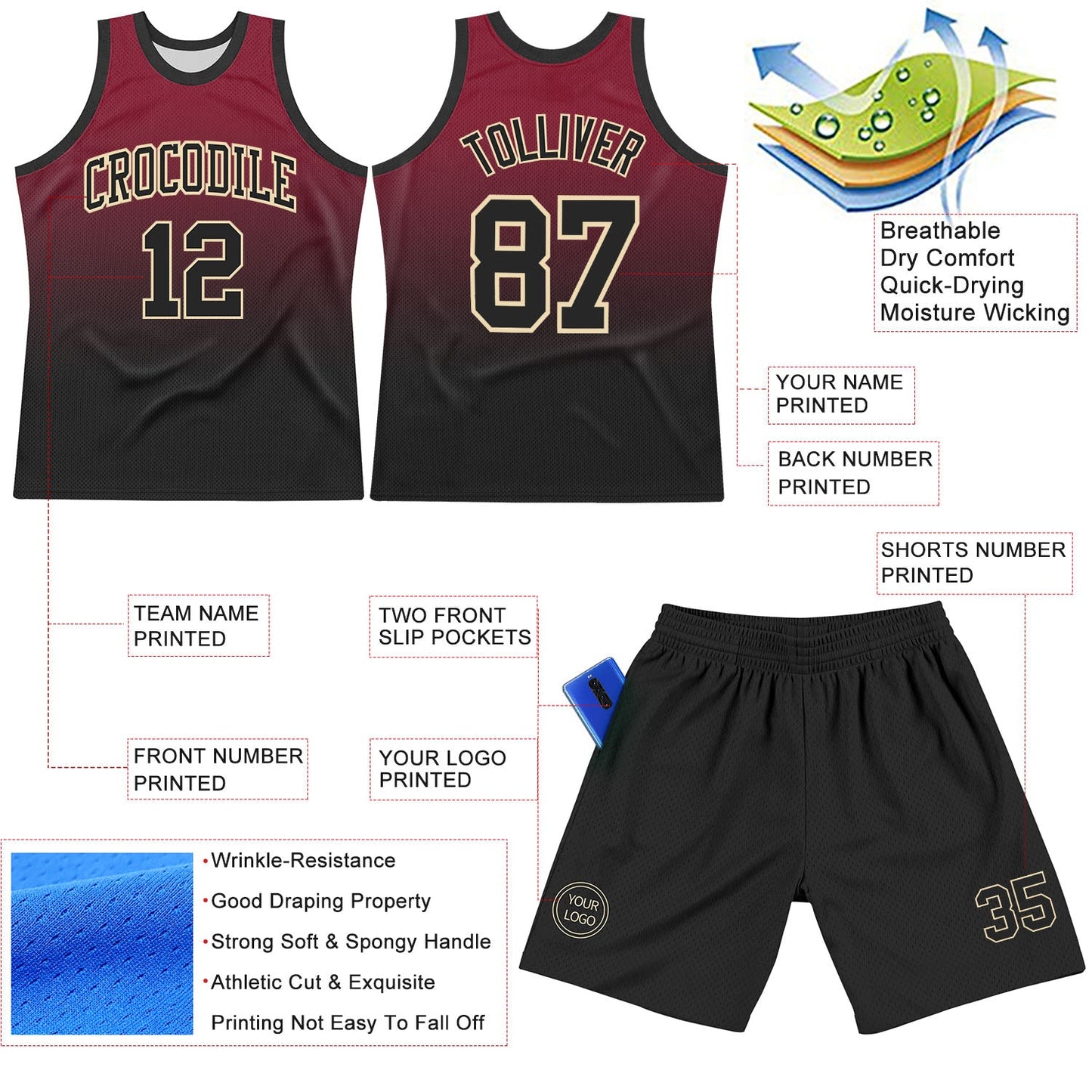 Custom Crimson Black-Cream Fade Fashion Round Neck Sublimation Basketball Set Jersey