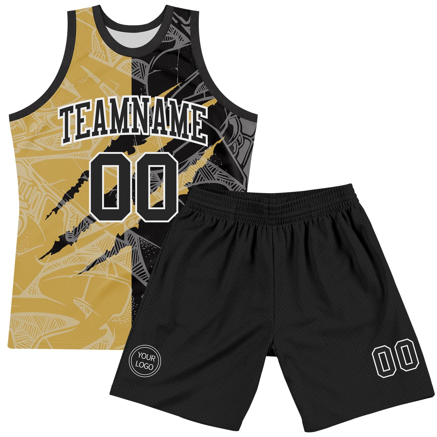 Custom Graffiti Pattern Black Old Gold-White Scratch Round Neck Sublimation Basketball Set Jersey