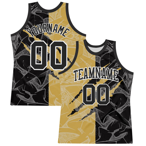 Custom Graffiti Pattern Black Old Gold-White Scratch Round Neck Sublimation Basketball Set Jersey