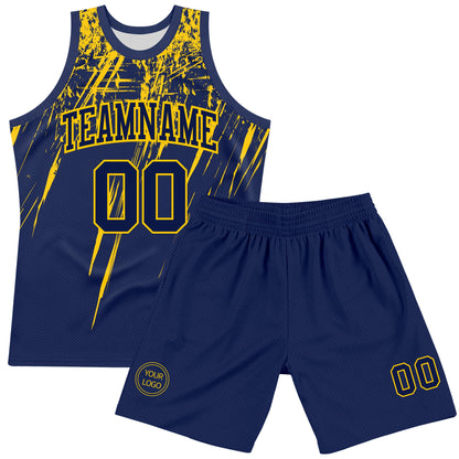 Custom Navy Yellow Splash Round Neck Sublimation Basketball Set Jersey