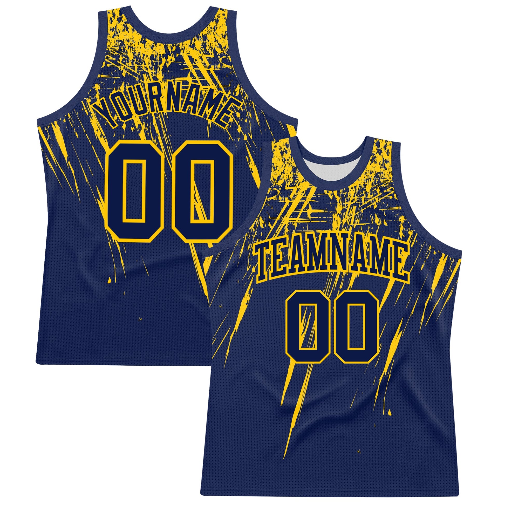 Custom Navy Yellow Splash Round Neck Sublimation Basketball Set Jersey