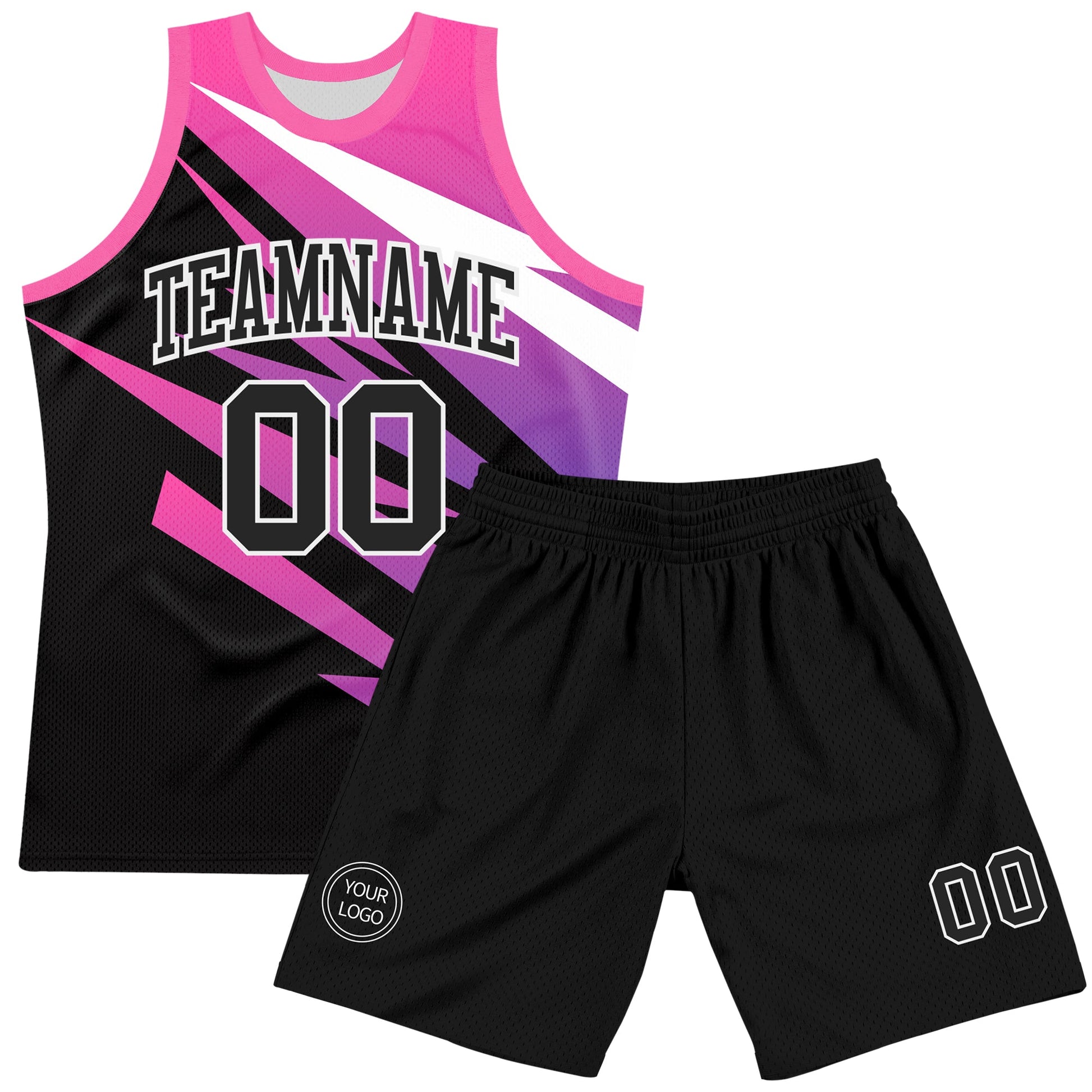 Custom Pink Black-White Line Round Neck Sublimation Basketball Set Jersey