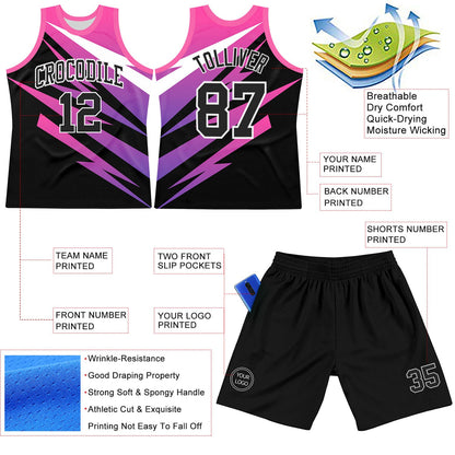 Custom Pink Black-White Line Round Neck Sublimation Basketball Set Jersey