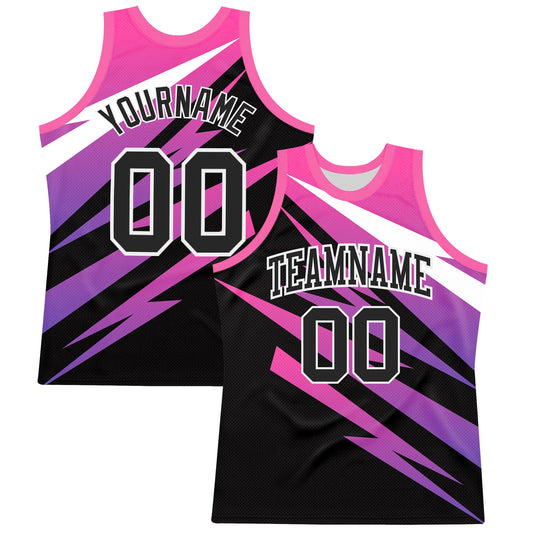 Custom Pink Black-White Line Round Neck Sublimation Basketball Set Jersey
