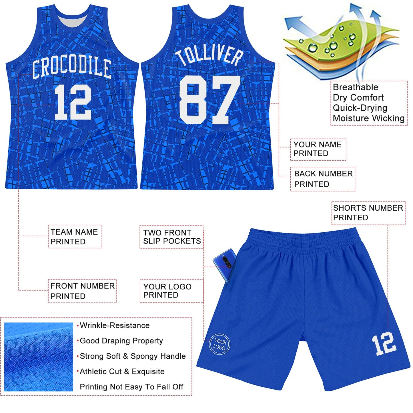 Custom Royal White Round Line Neck Sublimation Basketball Set Jersey
