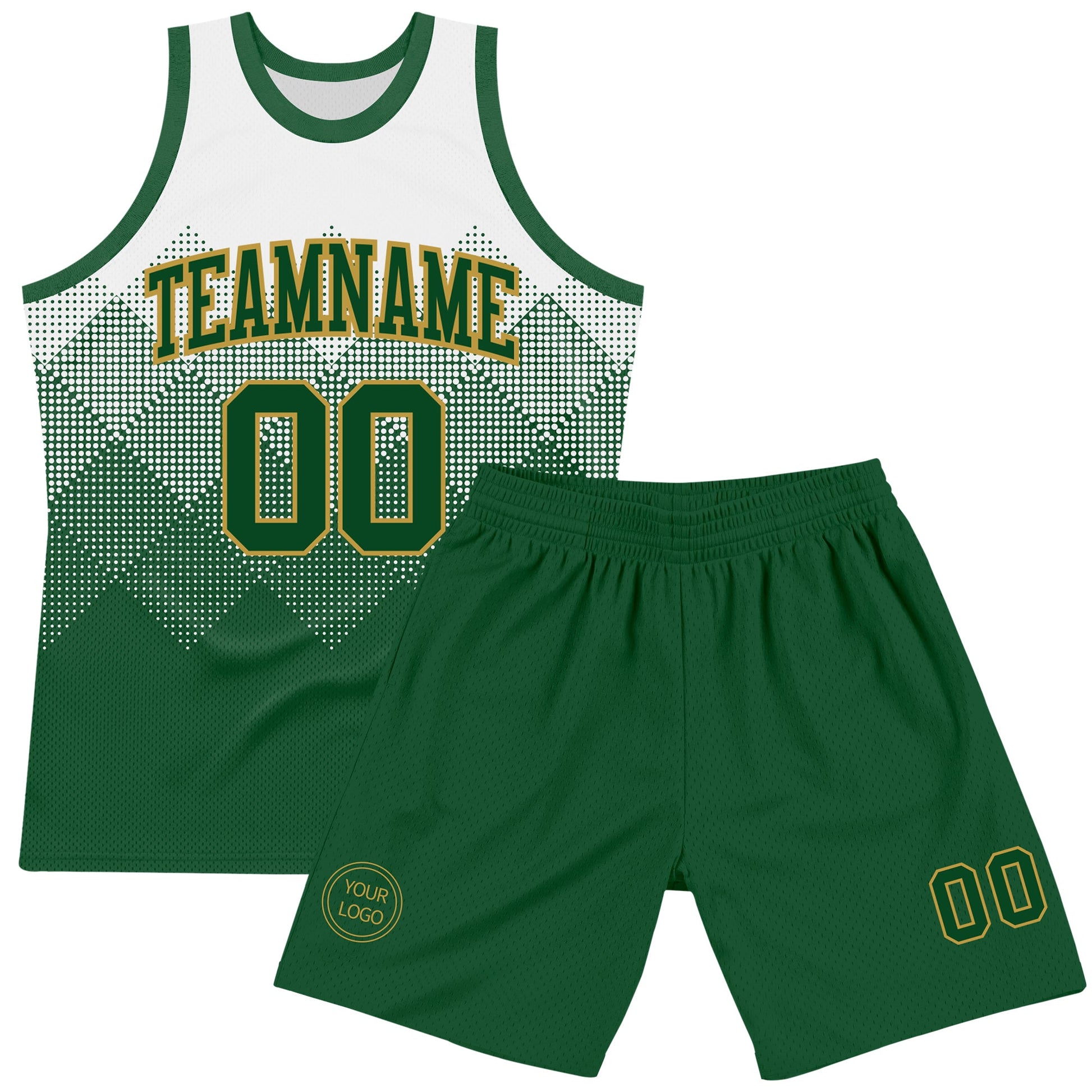 Custom White Green-Old Gold Gradient Square Shapes Round Neck Sublimation Basketball Set Jersey