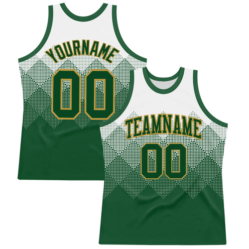 Custom White Green-Old Gold Gradient Square Shapes Round Neck Sublimation Basketball Set Jersey
