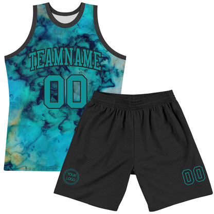 Custom Tie Dye Teal-Black Round Neck Sublimation Basketball Set Jersey