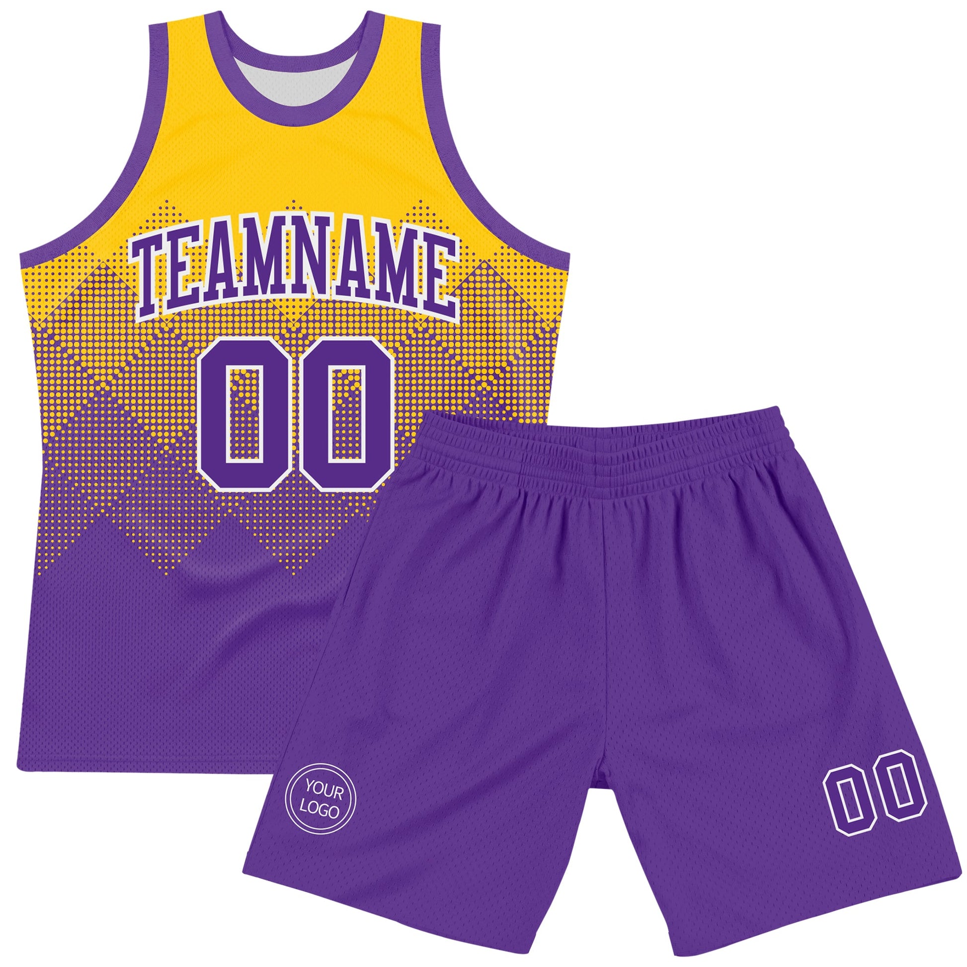 Custom Yellow Purple-White Gradient Square Shapes Round Neck Sublimation Basketball Set Jersey