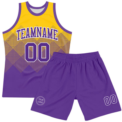 Custom Yellow Purple-White Gradient Square Shapes Round Neck Sublimation Basketball Set Jersey