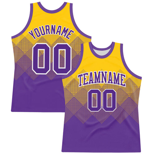 Custom Yellow Purple-White Gradient Square Shapes Round Neck Sublimation Basketball Set Jersey