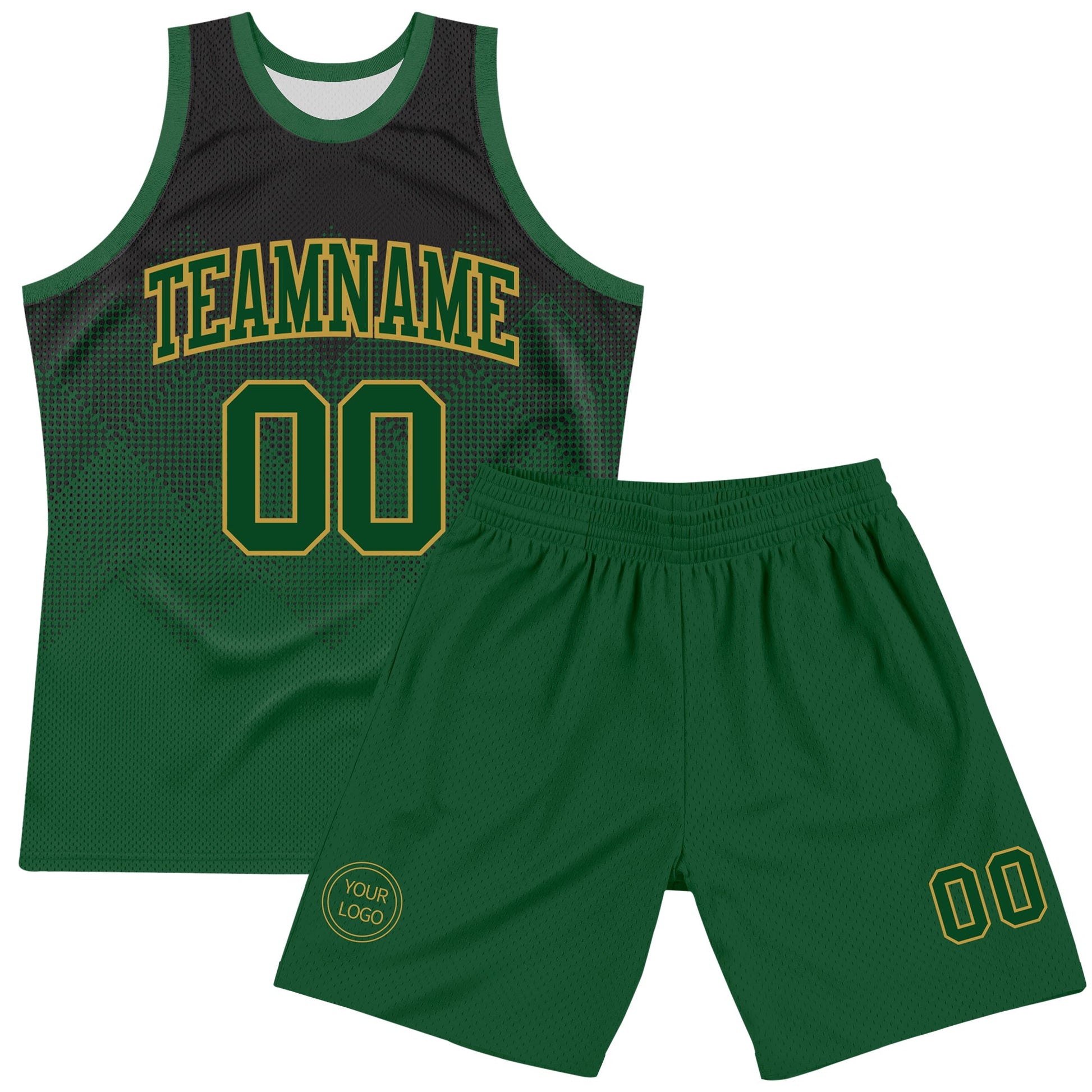 Custom Black Green-Old Gold Fade Fashion Round Neck Sublimation Basketball Set Jersey