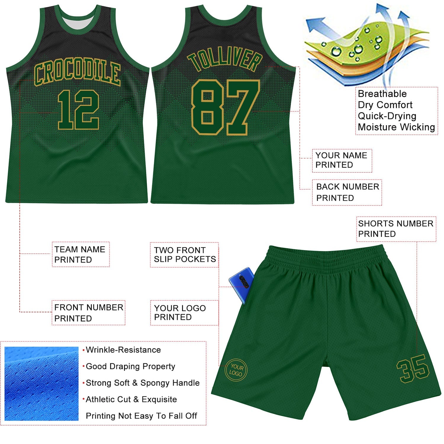 Custom Black Green-Old Gold Fade Fashion Round Neck Sublimation Basketball Set Jersey