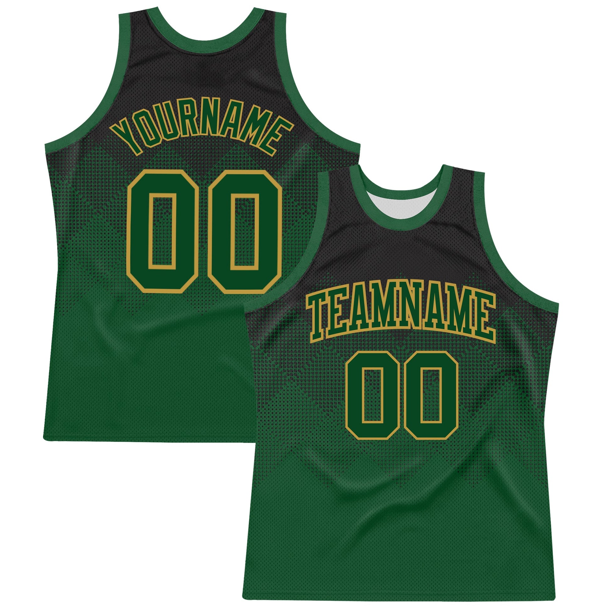 Custom Black Green-Old Gold Fade Fashion Round Neck Sublimation Basketball Set Jersey