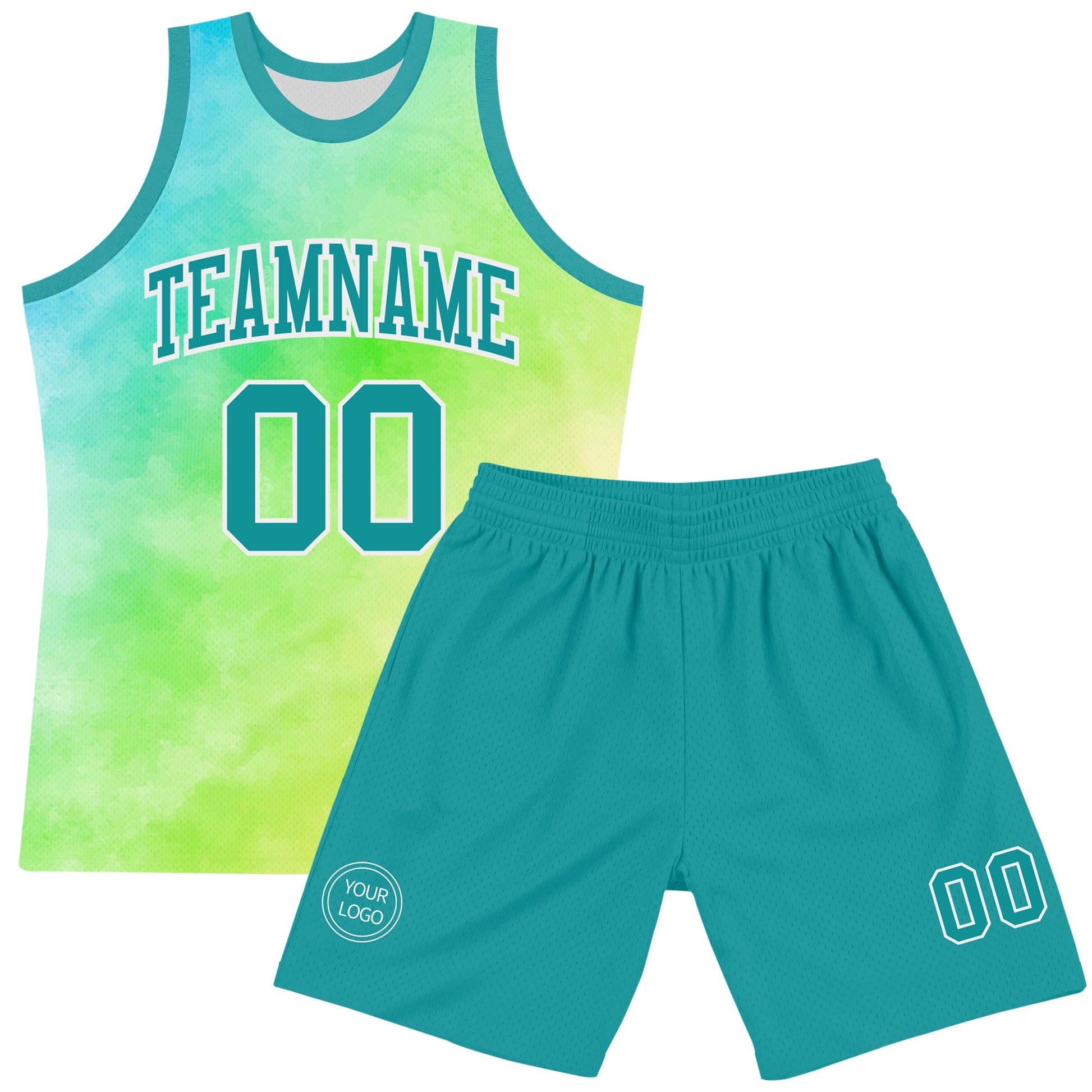 Custom Tie Dye Teal-White Round Neck Sublimation Basketball Set Jersey