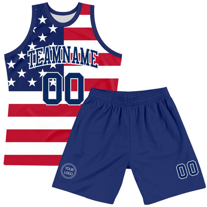 Custom Red Royal-White American Flag Round Neck Sublimation Basketball Set Jersey