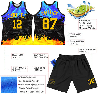 Custom Figure Yellow Royal-Black Splash Round Neck Sublimation Basketball Set Jersey