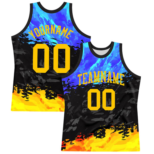 Custom Figure Yellow Royal-Black Splash Round Neck Sublimation Basketball Set Jersey