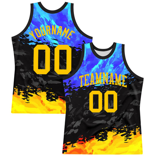 Custom Figure Yellow Royal-Black Splash Round Neck Sublimation Basketball Set Jersey