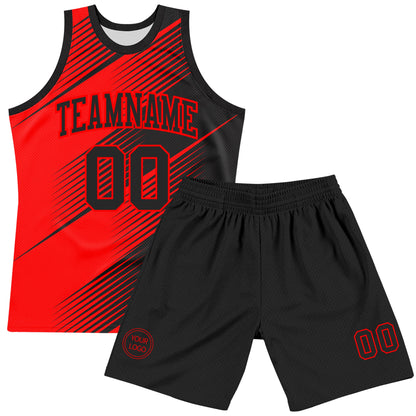 Custom Red Black Line Round Neck Sublimation Basketball Set Jersey