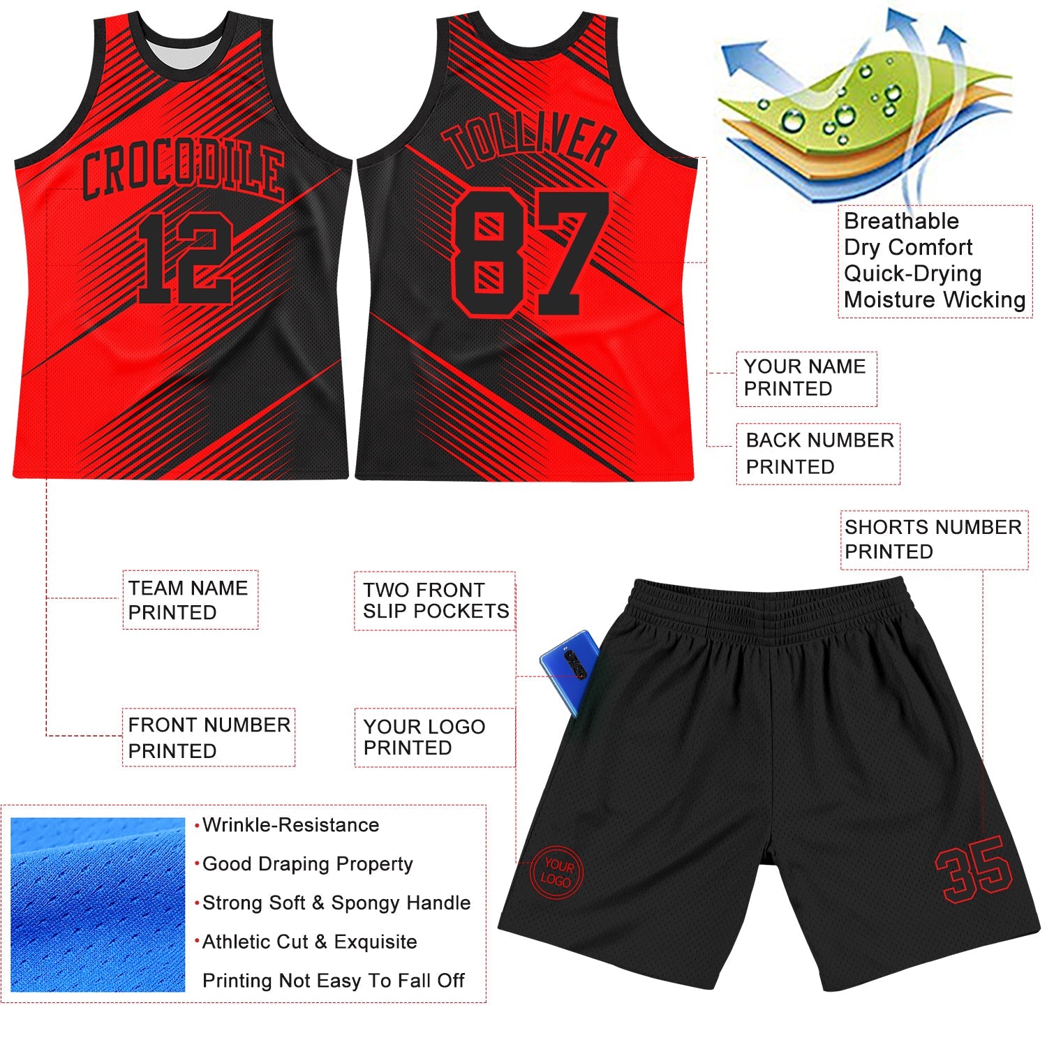Custom Red Black Line Round Neck Sublimation Basketball Set Jersey
