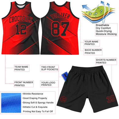 Custom Red Black Line Round Neck Sublimation Basketball Set Jersey