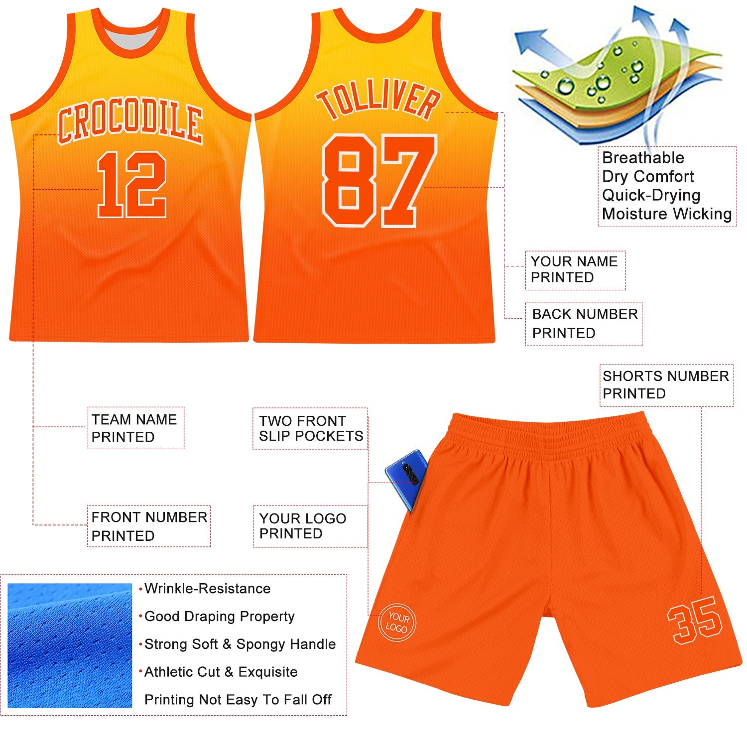 Custom Yellow Orange-White Fade Fashion Round Neck Sublimation Basketball Set Jersey