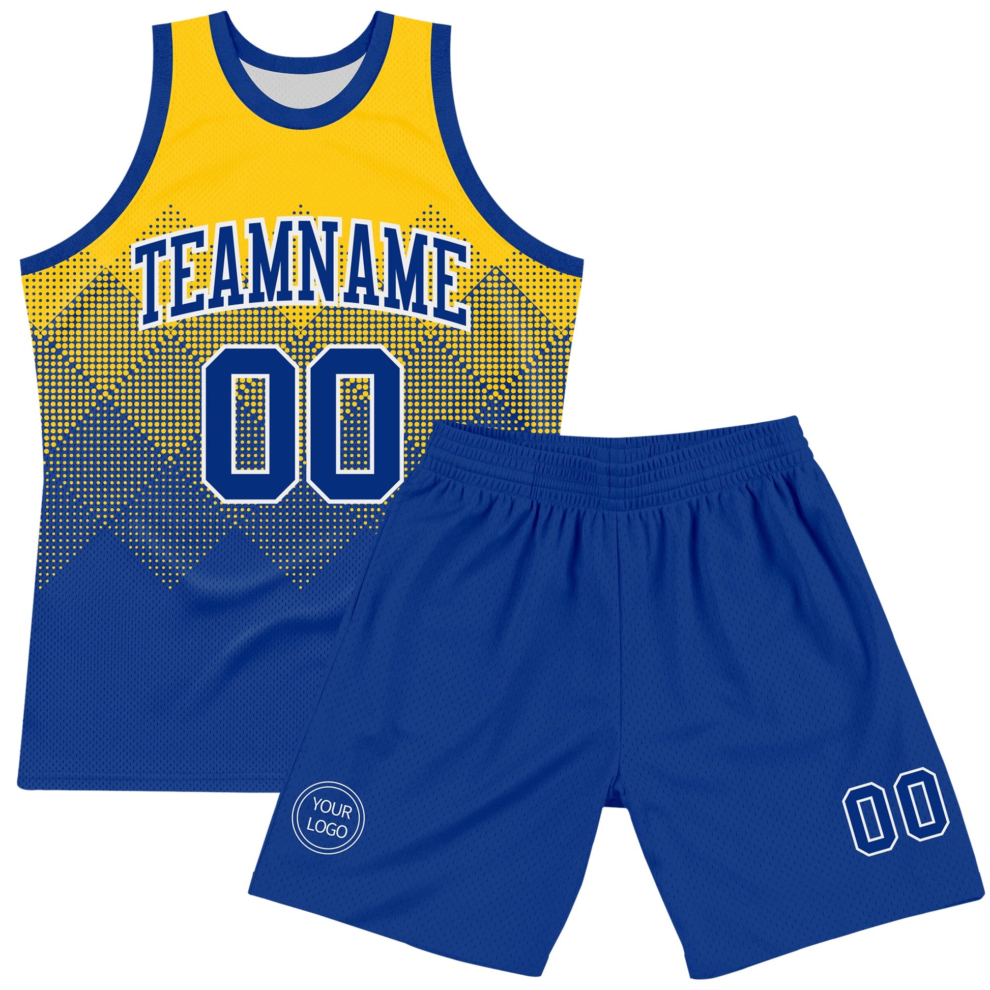 Custom Yellow Royal-White Gradient Square Shapes Round Neck Sublimation Basketball Set Jersey