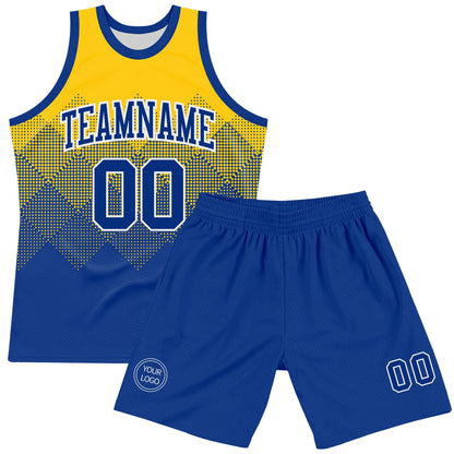 Custom Yellow Royal-White Gradient Square Shapes Round Neck Sublimation Basketball Set Jersey