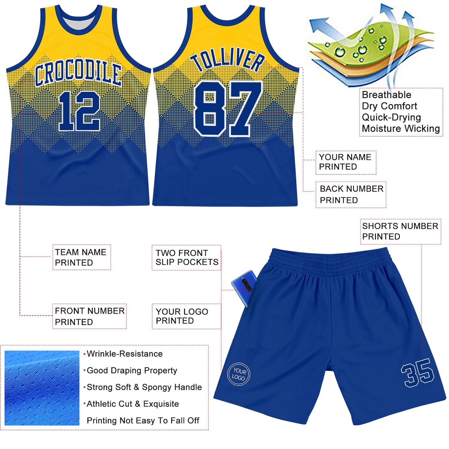 Custom Yellow Royal-White Gradient Square Shapes Round Neck Sublimation Basketball Set Jersey