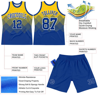 Custom Yellow Royal-White Gradient Square Shapes Round Neck Sublimation Basketball Set Jersey