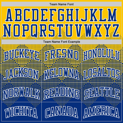 Custom Yellow Royal-White Gradient Square Shapes Round Neck Sublimation Basketball Set Jersey