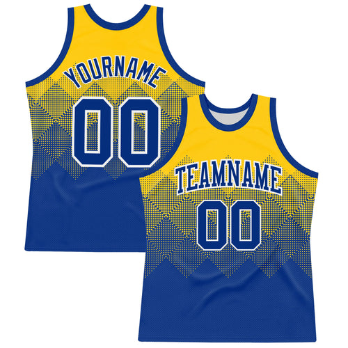 Custom Yellow Royal-White Gradient Square Shapes Round Neck Sublimation Basketball Set Jersey