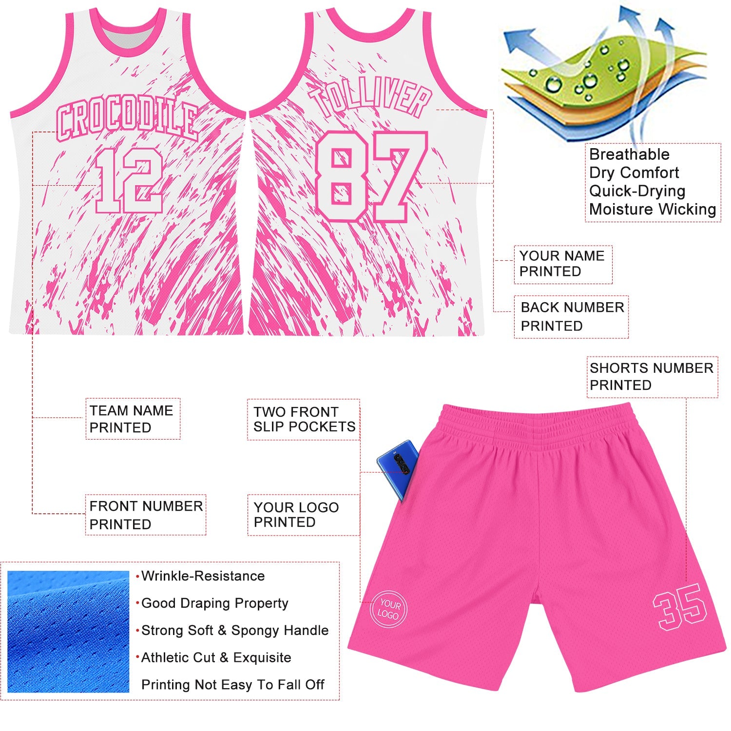 Custom White Pink Splash Round Neck Sublimation Basketball Set Jersey