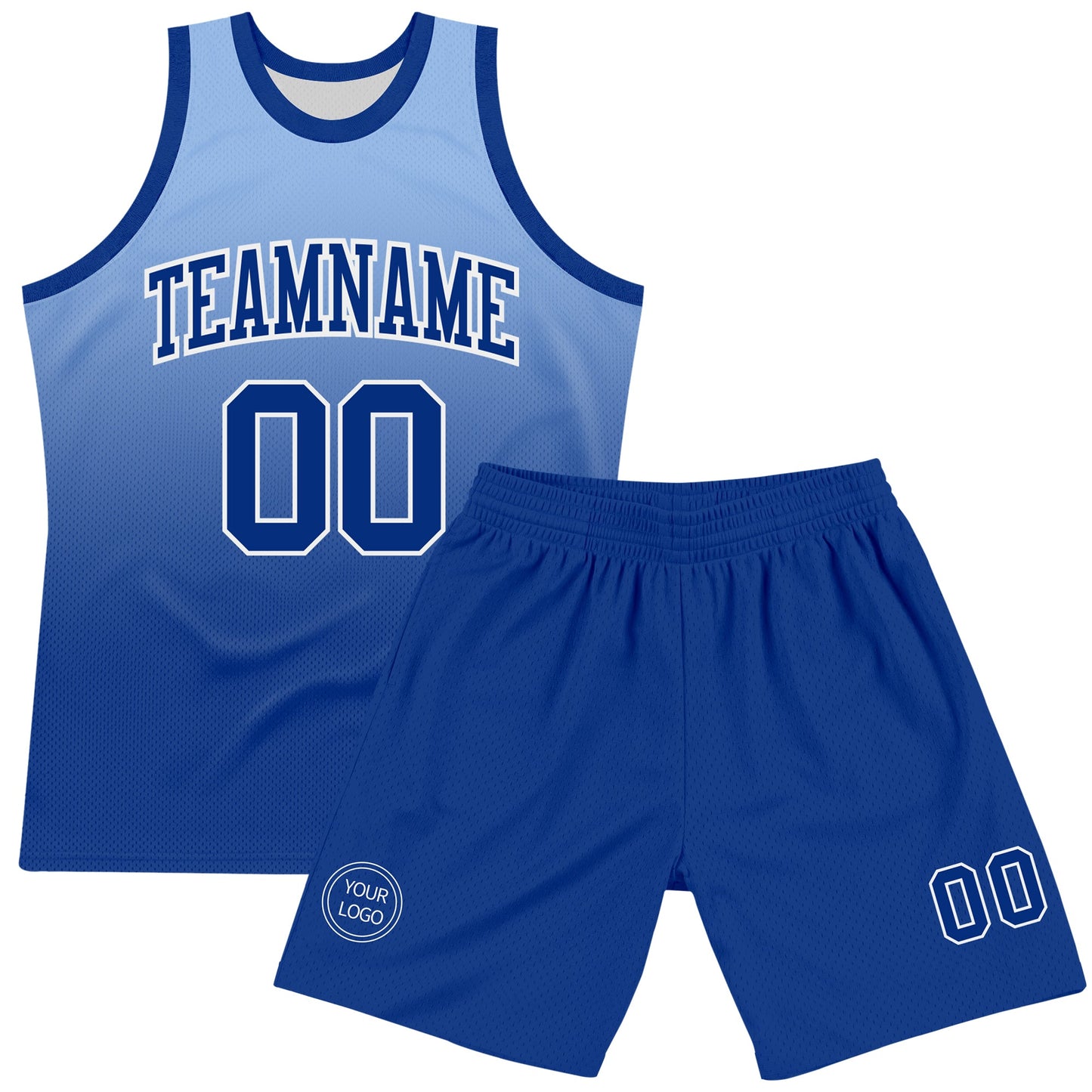 Custom Light Blue Royal-White Fade Fashion Round Neck Sublimation Basketball Set Jersey